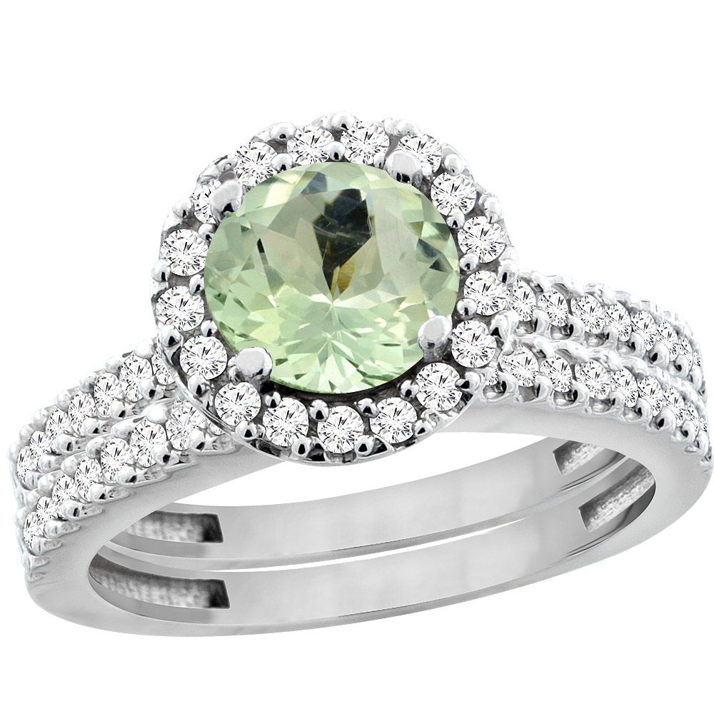 14K White Gold Natural Green Amethyst Round 6mm 2-Piece Engagement Ring Set Floating Halo Diamond, sizes 5 - 10