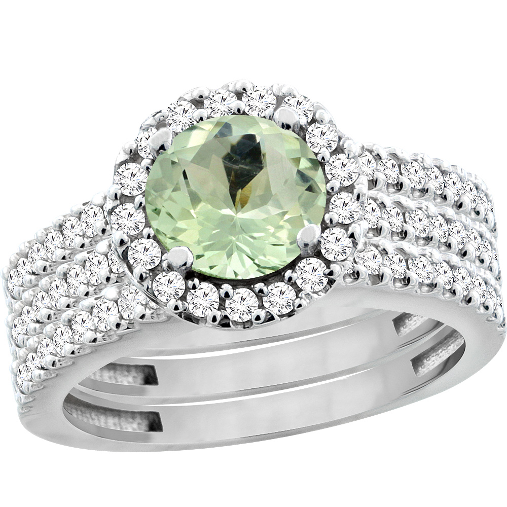 14K White Gold Natural Green Amethyst 3-Piece Bridal Ring Set Round 6mm Halo Diamond, sizes 5 - 10