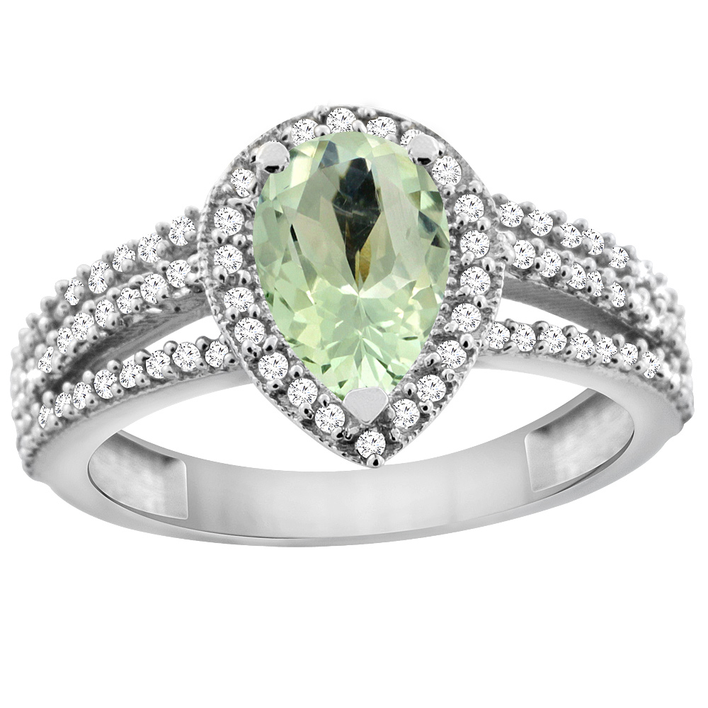 10K White Gold Diamond Halo Genuine Green Amethyst Ring 9x7 Pear sizes 5 - 10