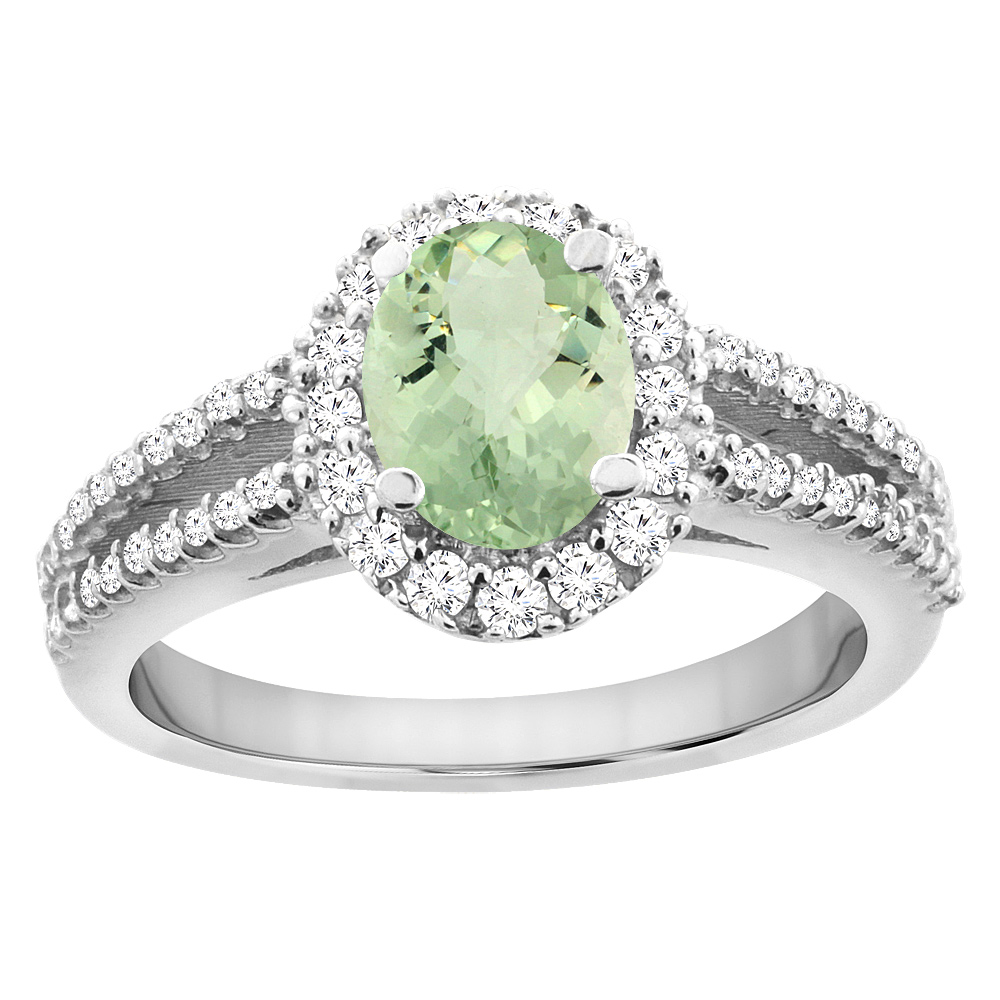 14K White Gold Natural Green Amethyst Split Shank Halo Engagement Ring Oval 7x5 mm, sizes 5 - 10