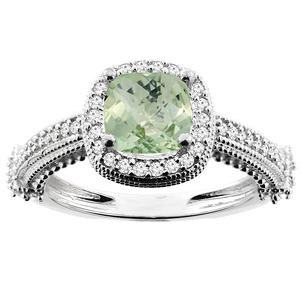 14K White/Yellow/Rose Gold Natural Green Amethyst Ring Cushion 7x7mm Diamond Accent 7/16 inch wide, size 5