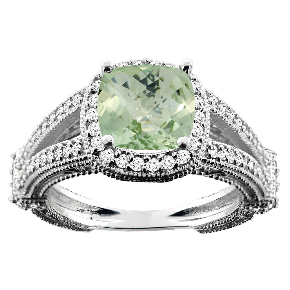 14K White/Yellow/Rose Gold Natural Green Amethyst Cushion 8x8mm Diamond Accent 3/8 inch wide, sizes 5 - 10