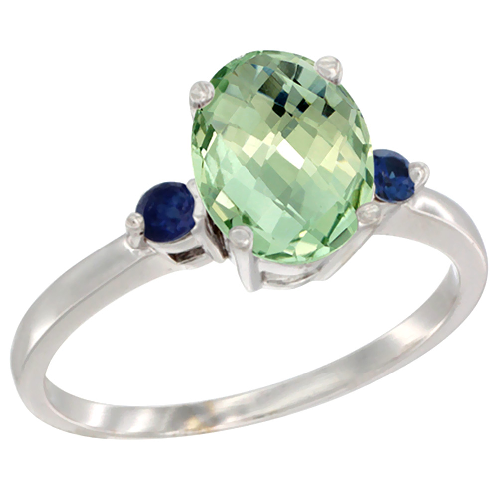 14K White Gold Natural Green Amethyst Ring Oval 9x7 mm Blue Sapphire Accent, sizes 5 to 10