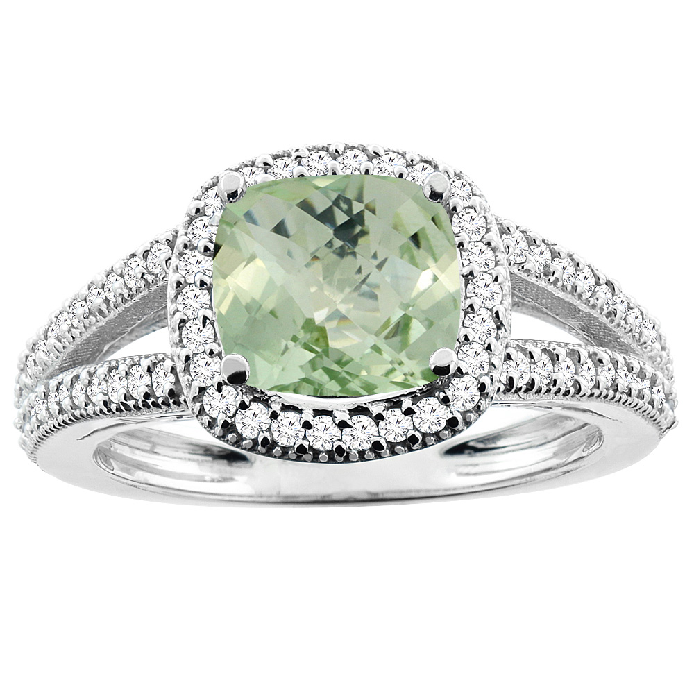 14K White Gold Natural Green Amethyst Ring Cushion 7x7mm Diamond Accent 3/8 inch wide, sizes 5 - 10