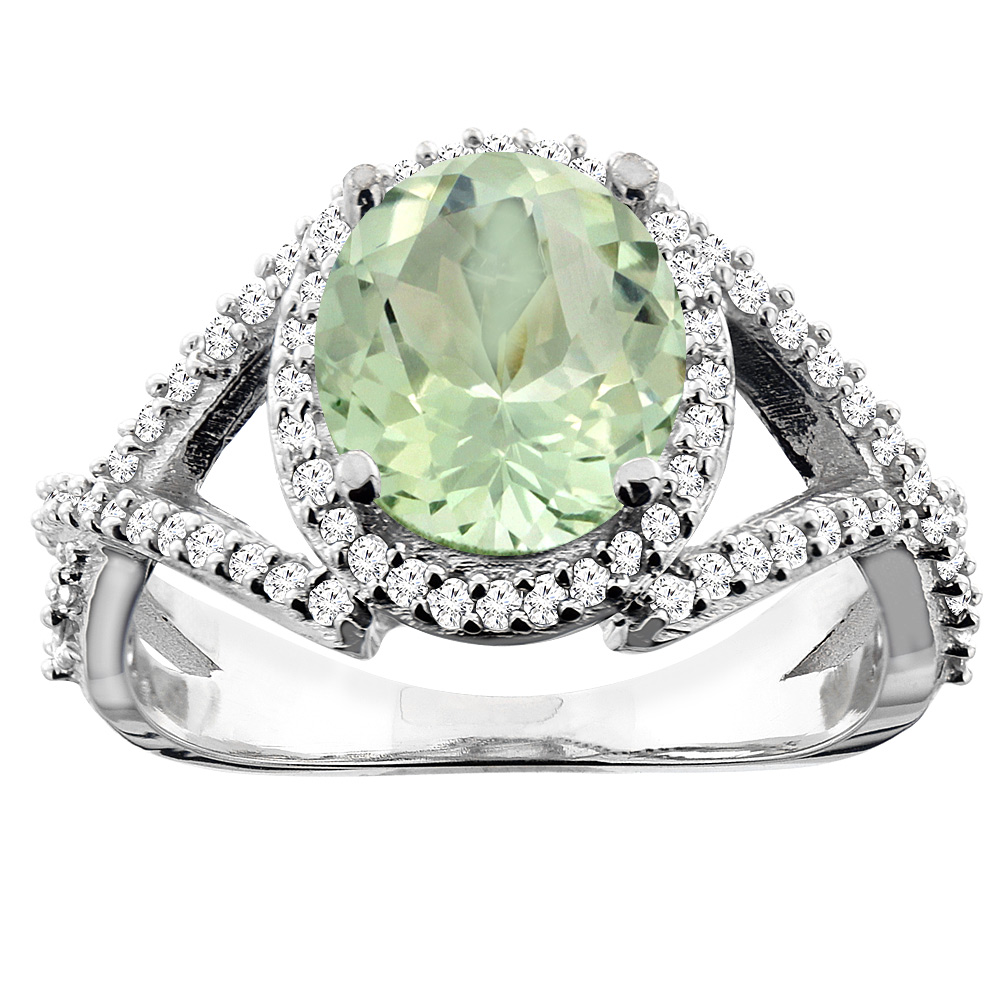 14K Yellow Gold Natural Green Amethyst Ring Oval 9x7mm Diamond Accent, size 5