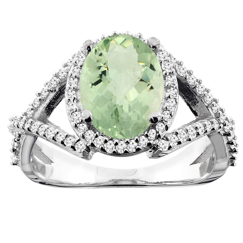 14K White/Yellow/Rose Gold Natural Green Amethyst Ring Oval 10x8mm Diamond Accent, sizes 5 - 10