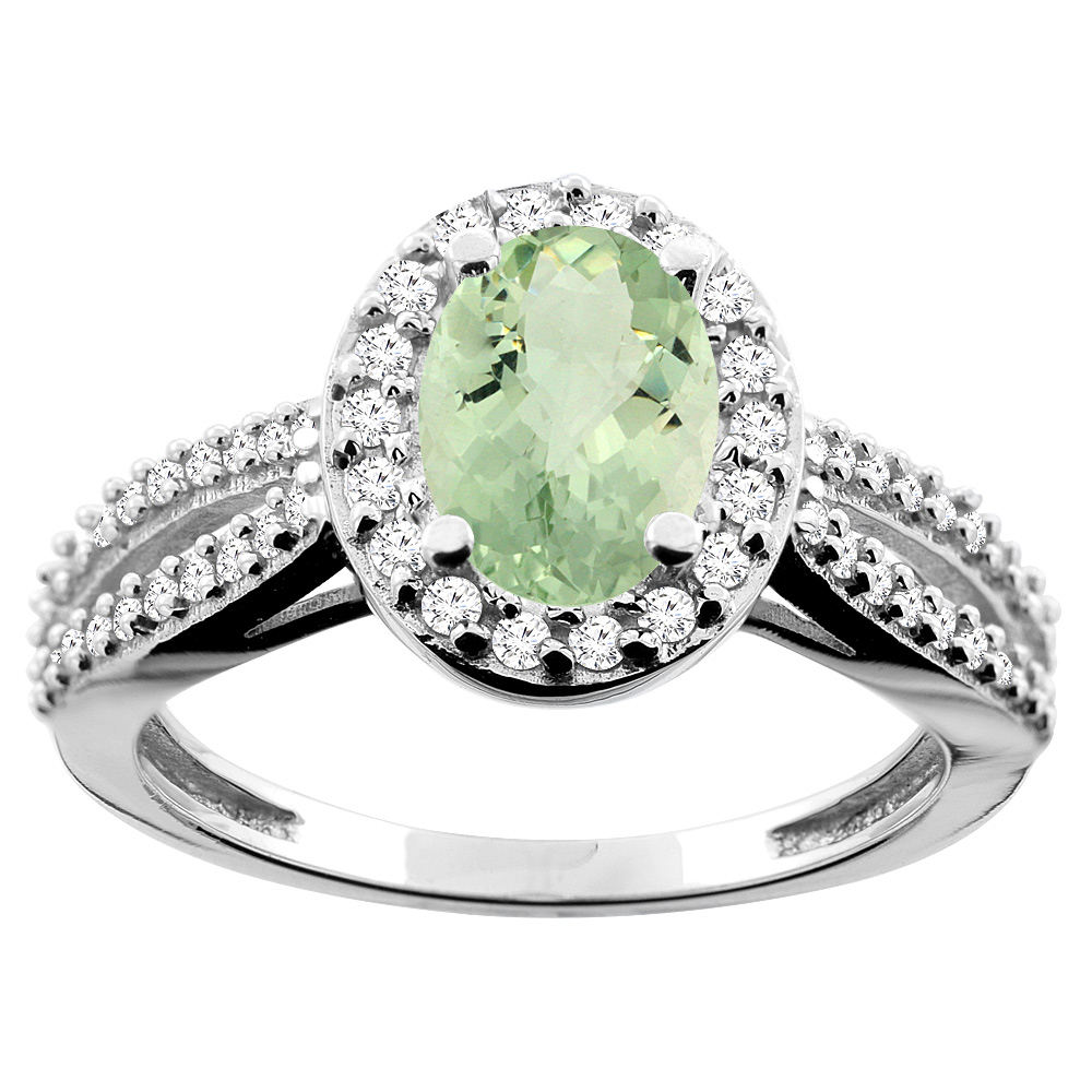 14K White/Yellow/Rose Gold Natural Green Amethyst Ring Oval 8x6mm Diamond Accent, sizes 5 - 10