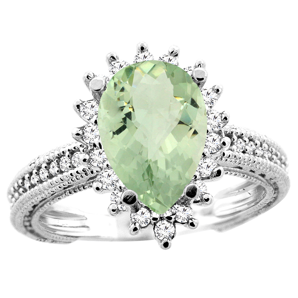 14K White/Yellow/Rose Gold Natural Green Amethyst Ring Pear 12x8mm Diamond Accent, sizes 5 - 10