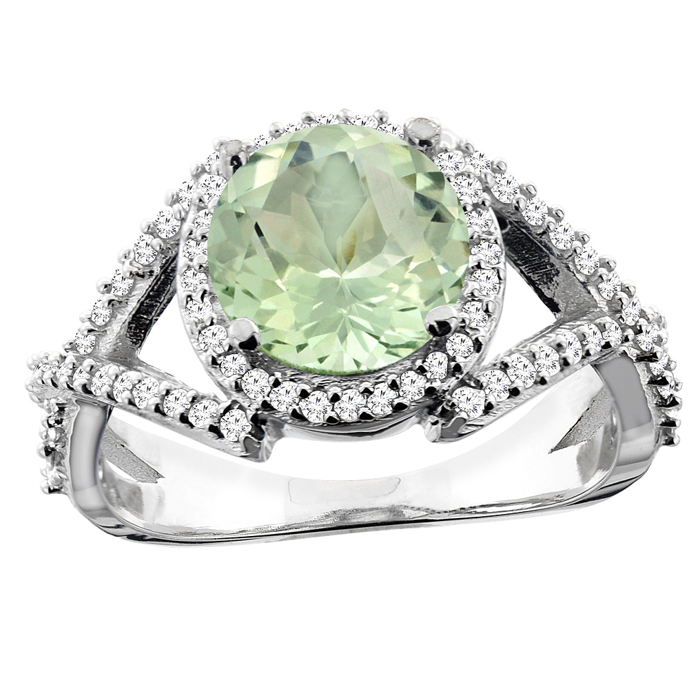 14K White/Yellow/Rose Gold Natural Green Amethyst Ring Round 8mm Diamond Accent, size 5