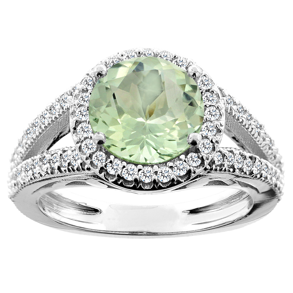 10K White/Yellow/Rose Gold Genuine Green Amethyst Ring Round 8mm Diamond Accent sizes 5 - 10