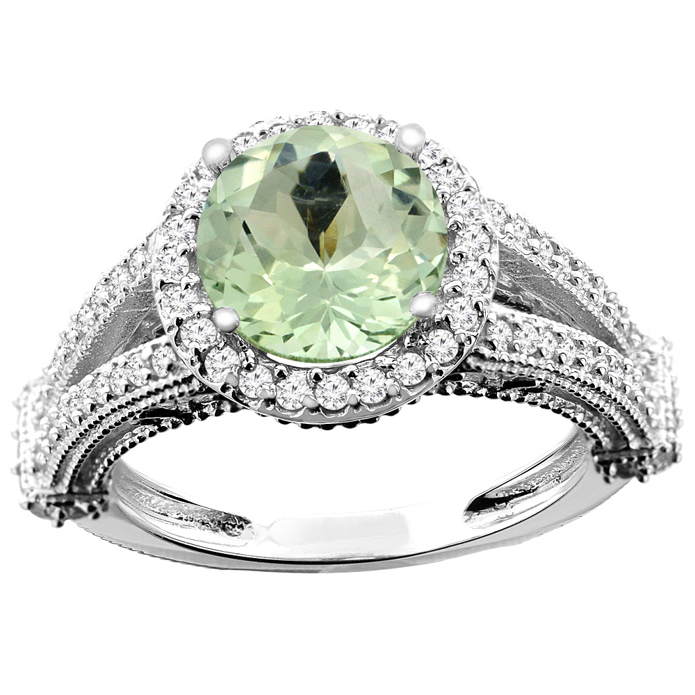 10K White/Yellow/Rose Gold Genuine Green Amethyst Ring Round 8mm Diamond Accent sizes 5 - 10