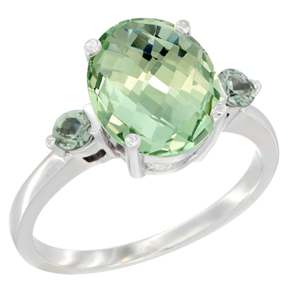 10K White Gold 10x8mm Oval Natural Green Amethyst Ring for Women Green Sapphire Side-stones sizes 5 - 10