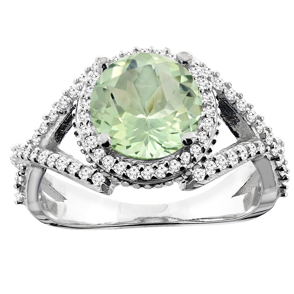 14K White/Yellow/Rose Gold Natural Green Amethyst Ring Round 8mm Diamond Accent, sizes 5 - 10