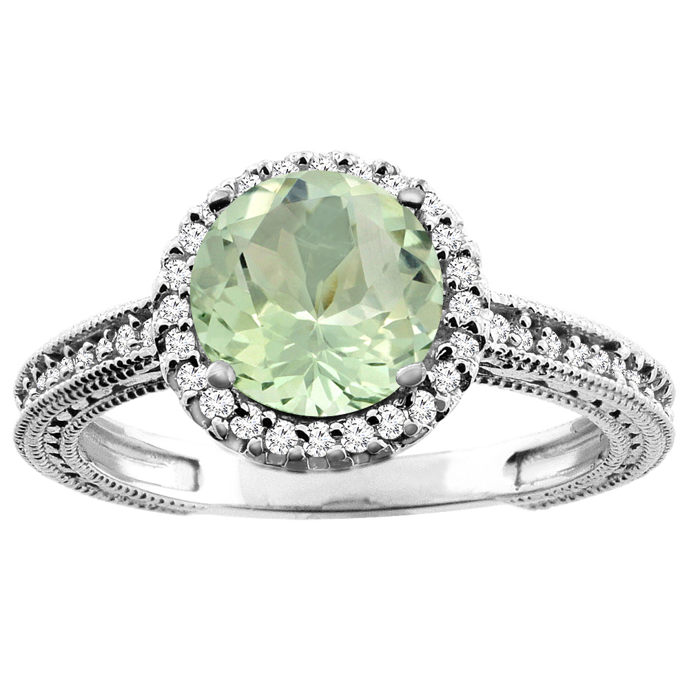 10K White/Yellow/Rose Gold Genuine Green Amethyst Ring Round 7mm Diamond Accent sizes 5 - 10