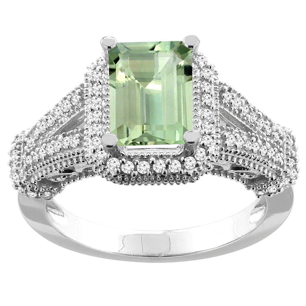 10K White/Yellow/Rose Gold Genuine Green Amethyst Ring Octagon 8x6mm Diamond Accent sizes 5-10