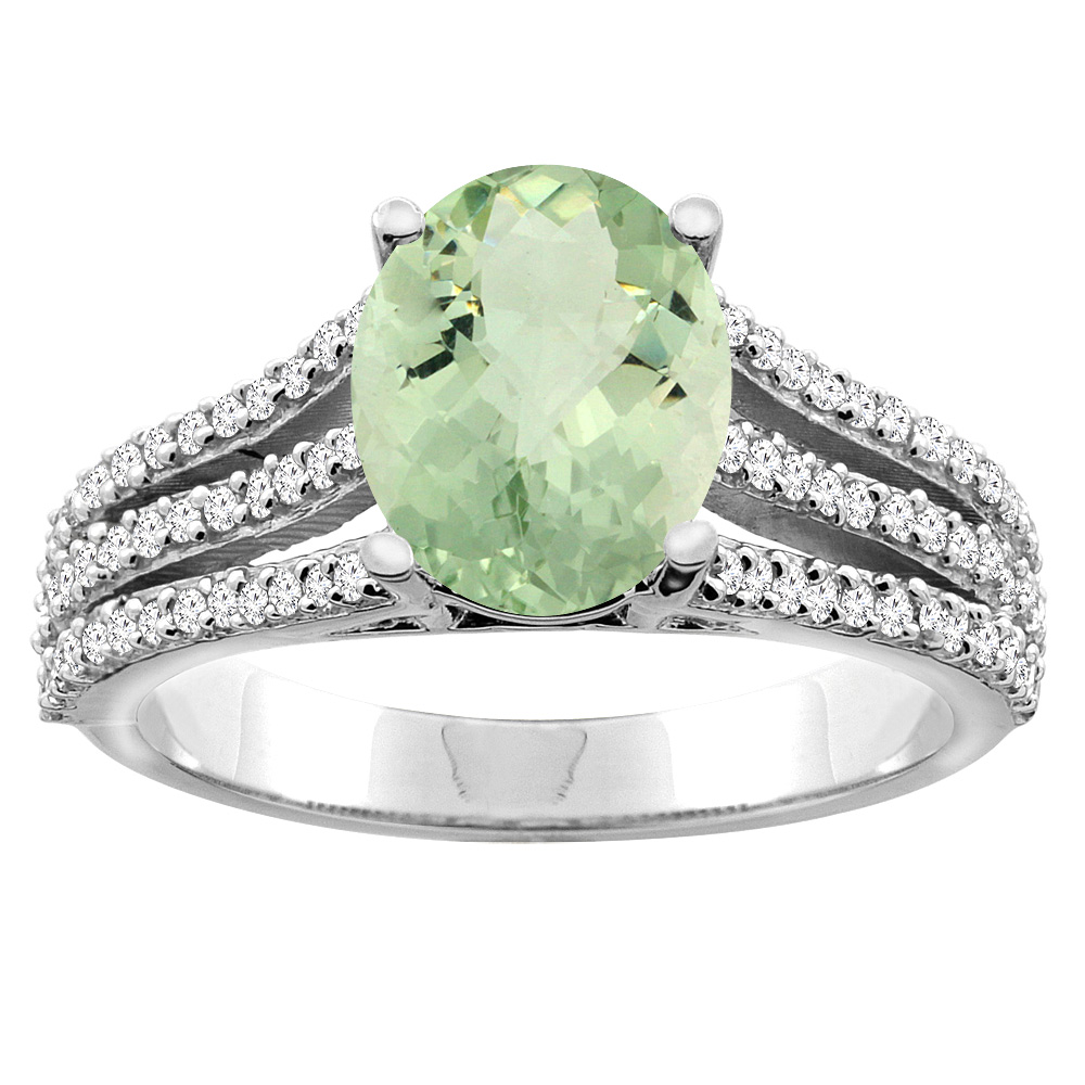 10K White/Yellow Gold Natural Green Amethyst Tri-split Ring Cushion-cut 8x6mm Diamond Accents 5/16 inch wide, sizes 5 - 10