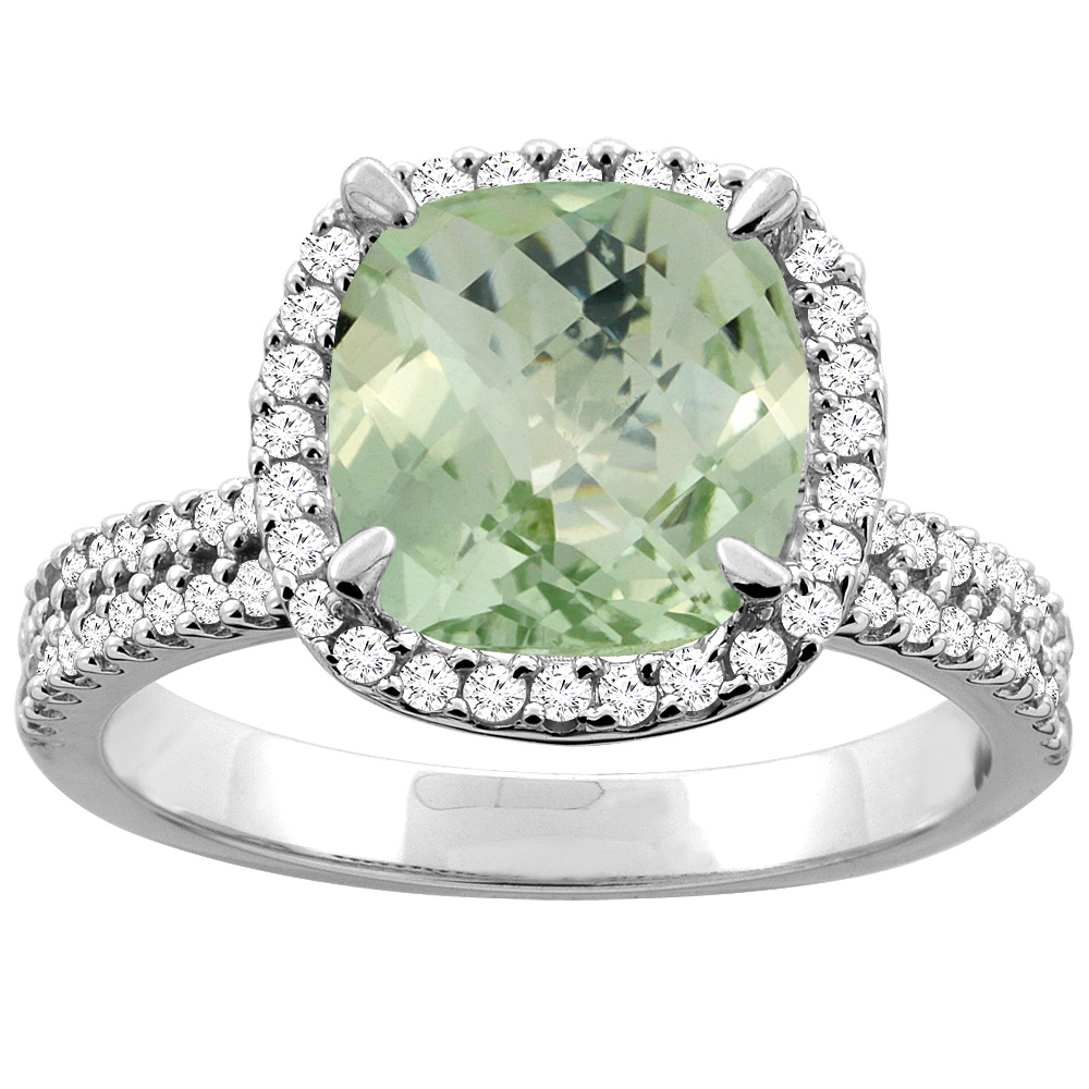 14K White/Yellow Gold Natural Green Amethyst Halo Ring Cushion 9x9mm Diamond Accent, sizes 5 - 10