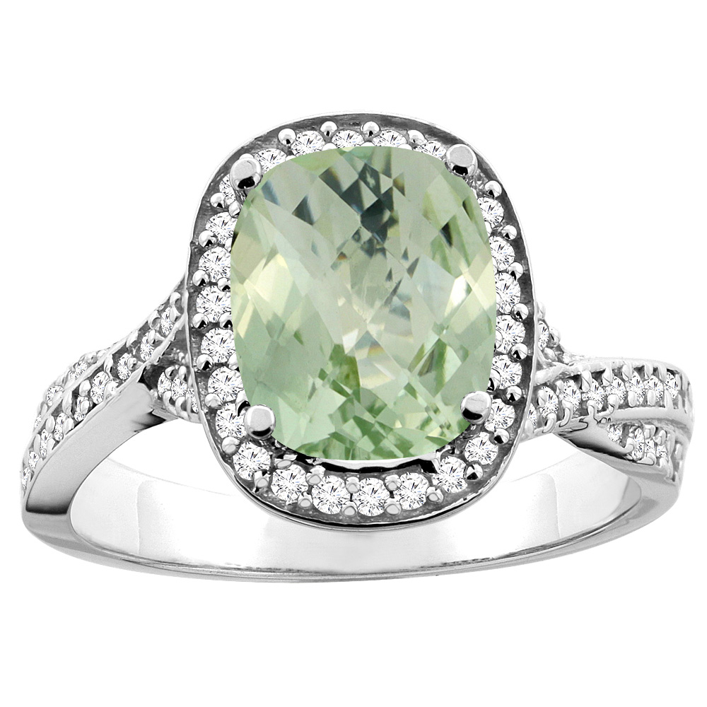 14K White/Yellow Gold Natural Green Amethyst Halo Ring Cushion 9x7mm Diamond Accent, sizes 5 - 10