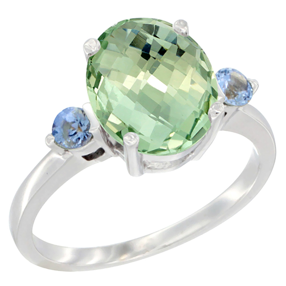 10K White Gold 10x8mm Oval Natural Green Amethyst Ring for Women Light Blue Sapphire Side-stones sizes 5 - 10