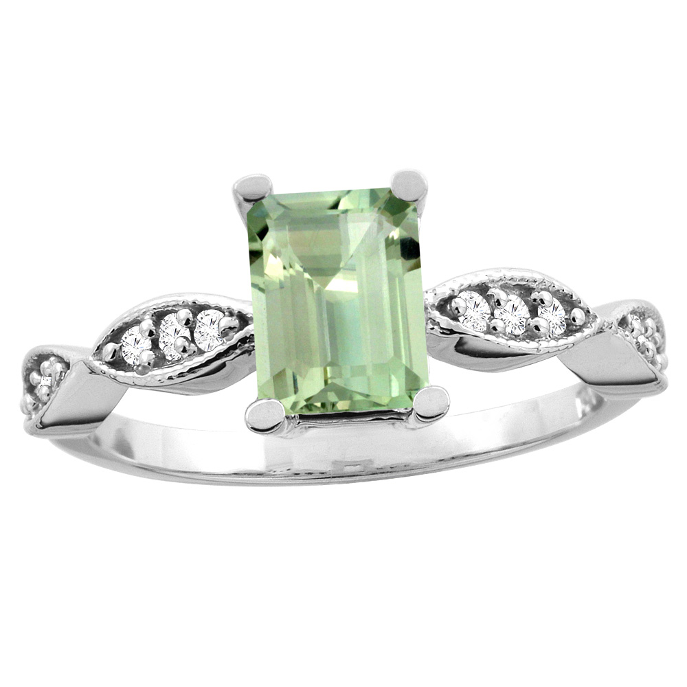 14K White/Yellow Gold Natural Green Amethyst Ring Octagon 8x6mm Diamond Accent, sizes 5 - 10