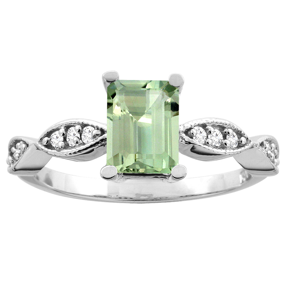 14K White/Yellow Gold Natural Green Amethyst Ring Octagon 7x5mm Diamond Accents, sizes 5 -10