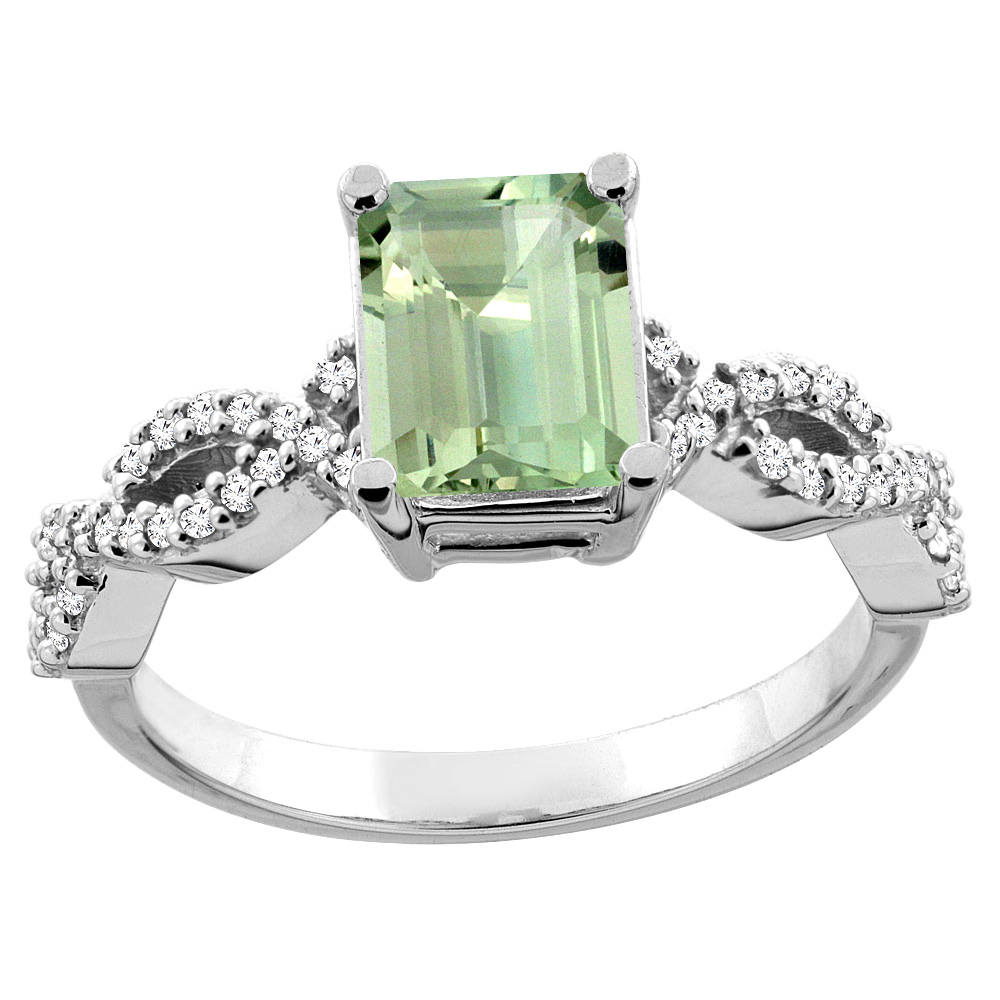 14K White/Yellow Gold/Yellow Gold Natural Green Amethyst Ring Octagon 8x6mm Diamond Accent, sizes 5 - 10