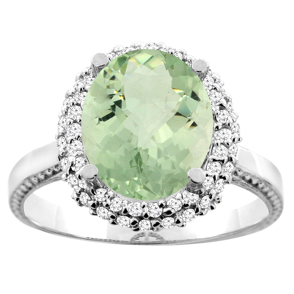 14K White/Yellow Gold Natural Green Amethyst Double Halo Ring Oval 10x8mm Diamond Accent, sizes 5 - 10