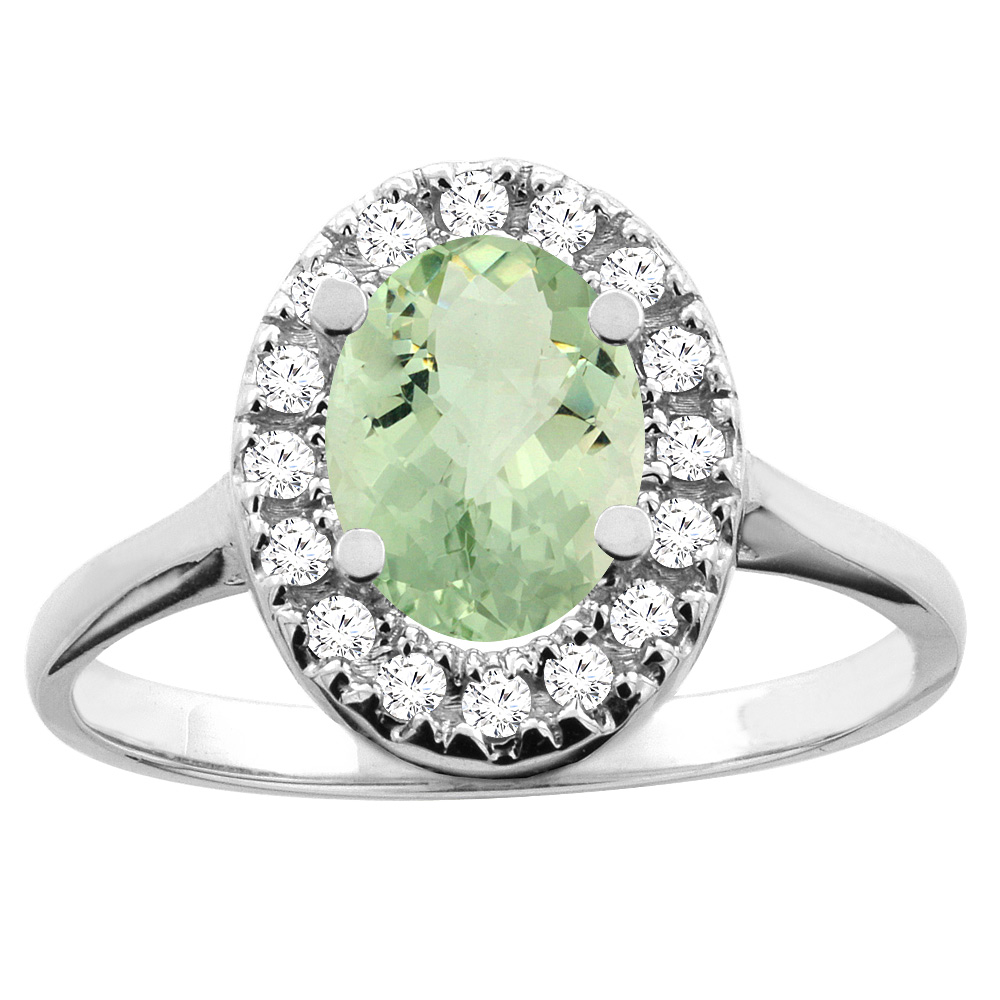 14K White/Yellow Gold Natural Green Amethyst Ring Oval 8x6mm Diamond Accent, sizes 5 - 10