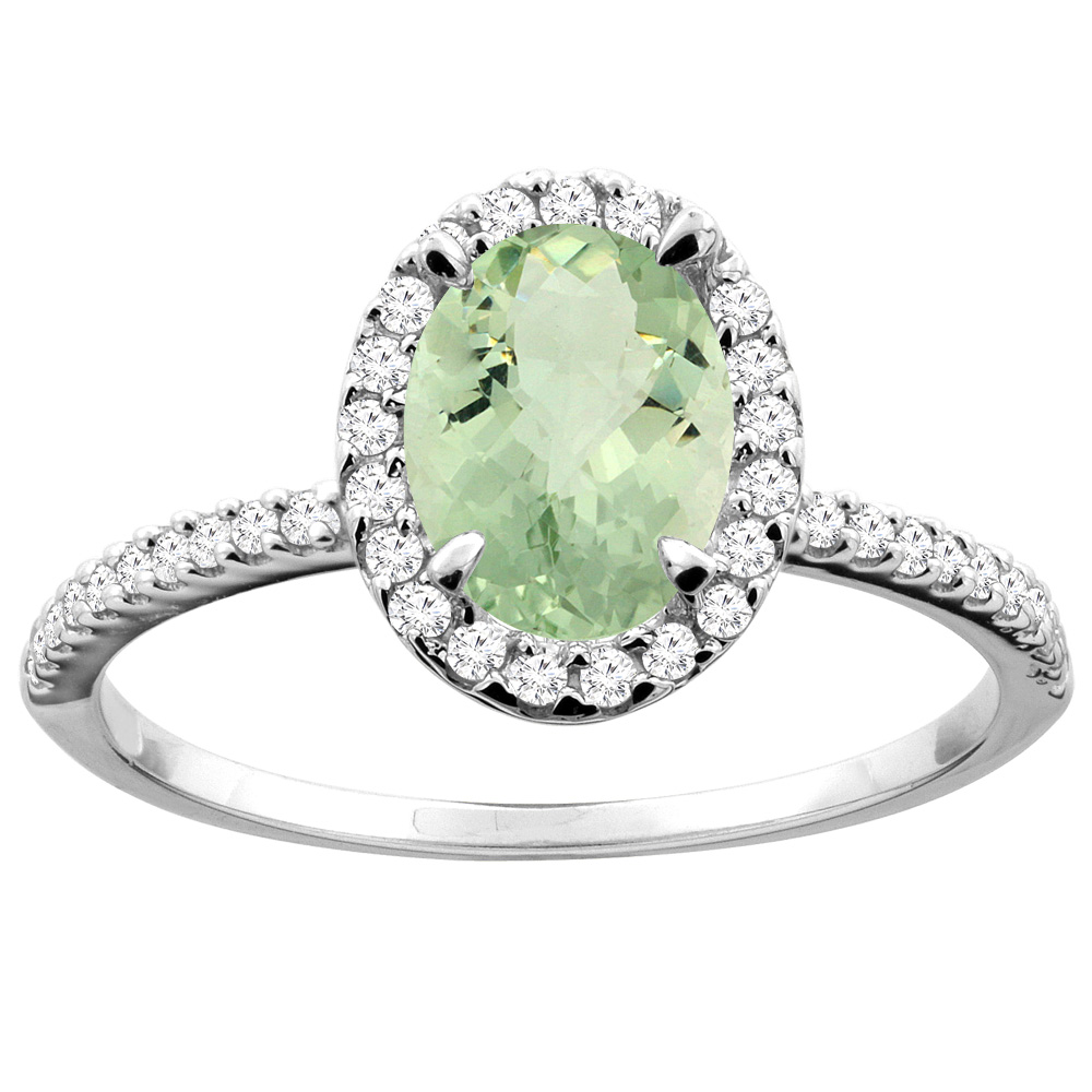 14K White/Yellow Gold Natural Green Amethyst Ring Oval 8x6mm Diamond Accent, sizes 5 - 10