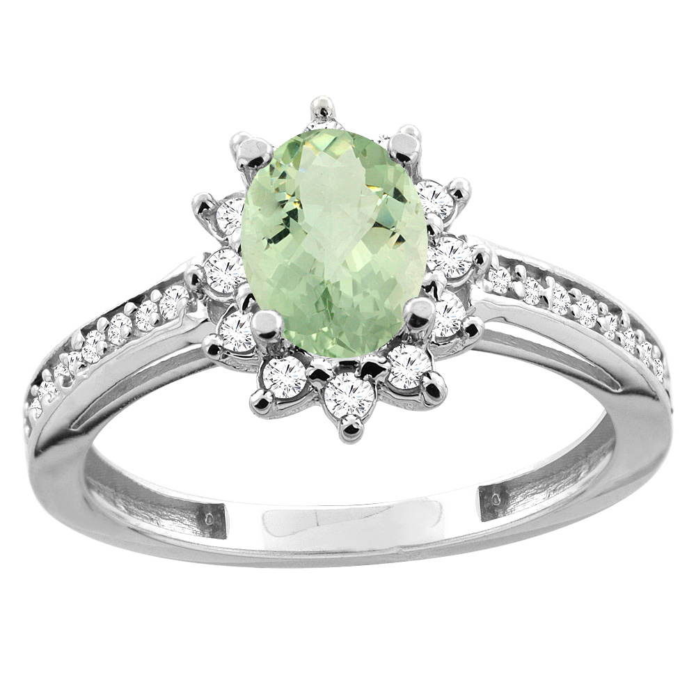 10K White/Yellow Gold Diamond Halo Genuine Green Amethyst Floral Engagement Ring Oval 7x5mm sizes 5 - 10