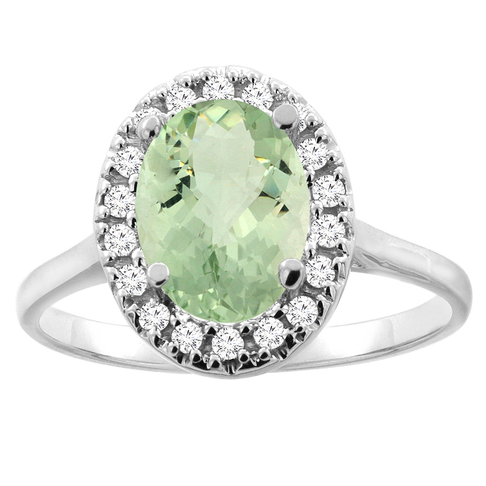 14K Gold Natural Green Amethyst Halo Ring Oval 9x7mm Diamond Accent, sizes 5 - 10