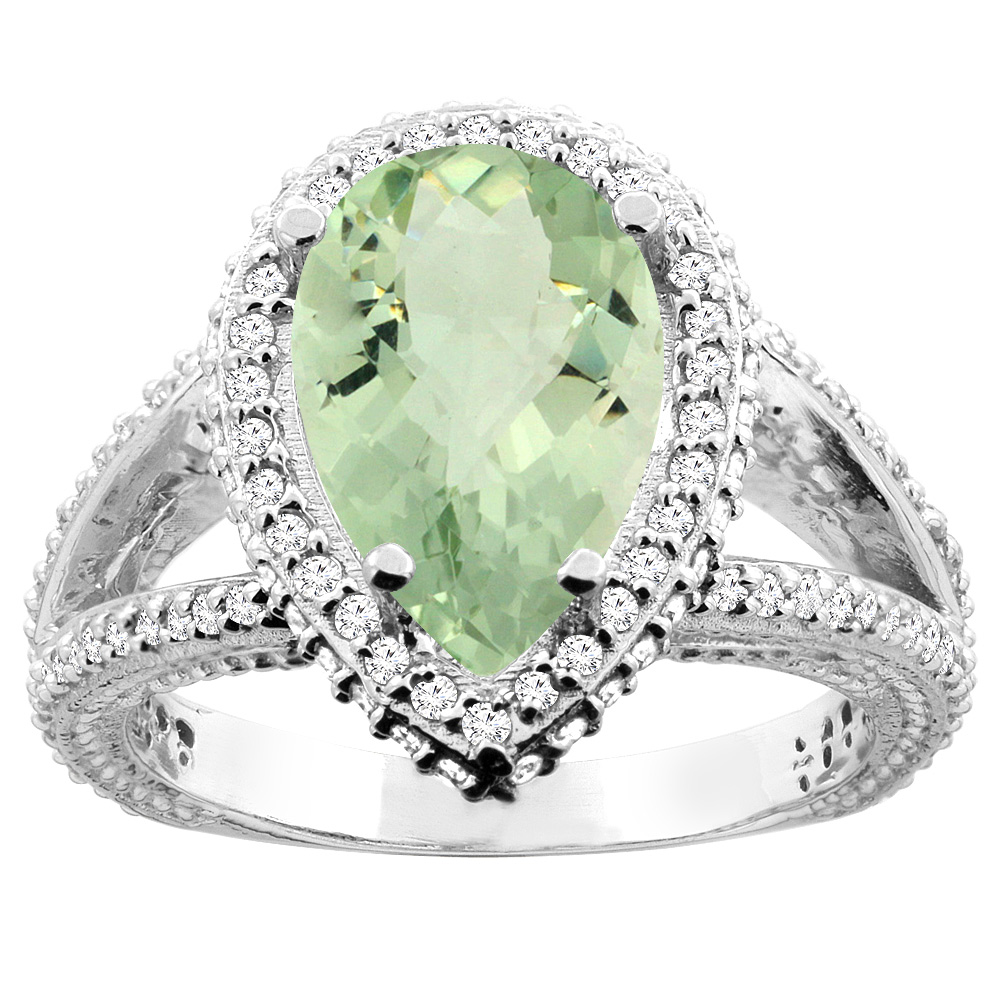 14K White/Yellow Gold Natural Green Amethyst Halo Ring Pear 12x8mm Diamond Accents, sizes 5 - 10