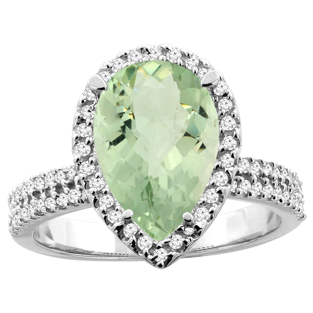 14K White/Yellow Gold Natural Green Amethyst Ring Pear 12x8mm Diamond Accents, sizes 5 - 10