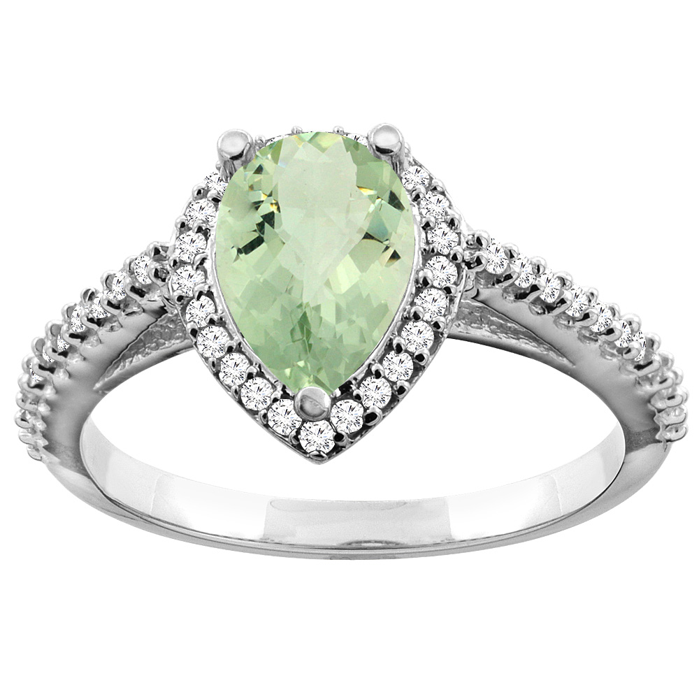 10K White Gold Genuine Green Amethyst Ring Pear 9x7mm Diamond Accents sizes 5 - 10