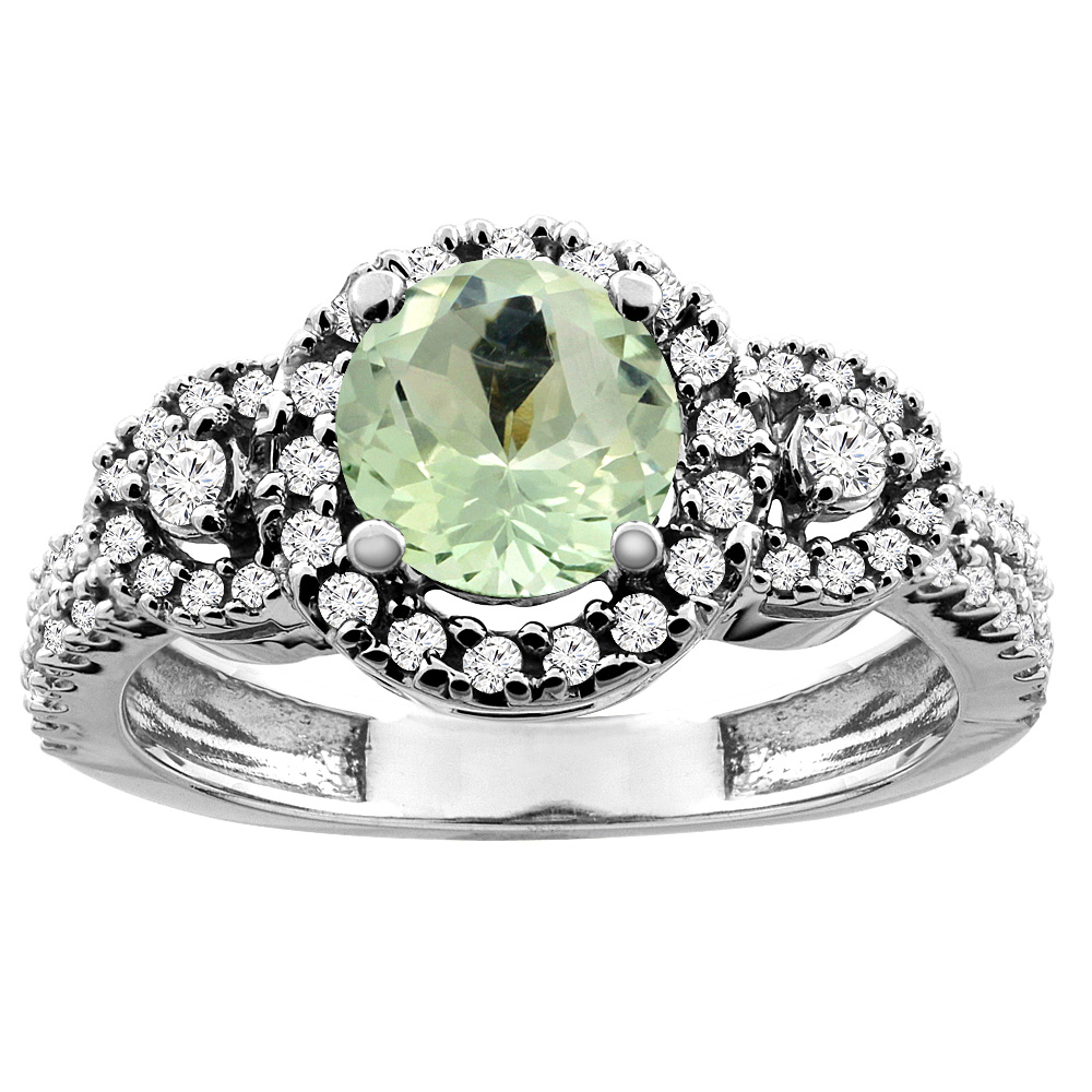 10K White/Yellow Gold Diamond Halo Genuine Green Amethyst Ring Round 6mm sizes 5 - 10