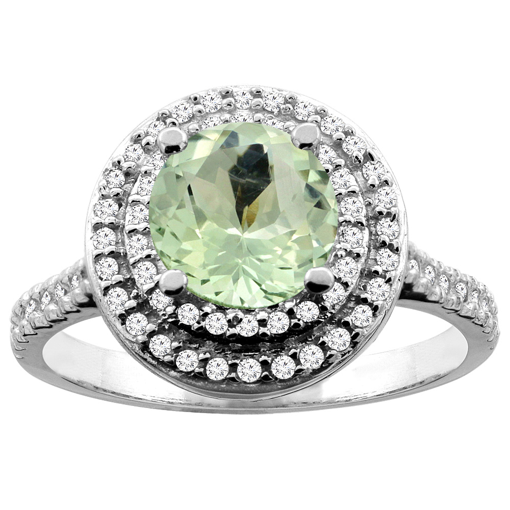 14K White/Yellow Gold Natural Green Amethyst Double Halo Ring Round 7mm Diamond Accent, sizes 5 - 10