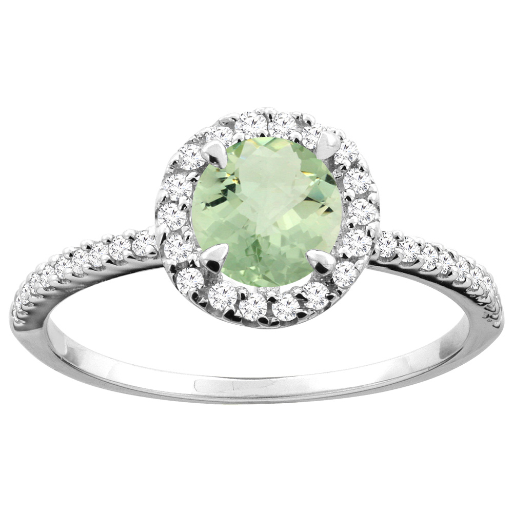 10K Gold Genuine Green Amethyst Ring Round 6mm Diamond Accents sizes 5 - 10