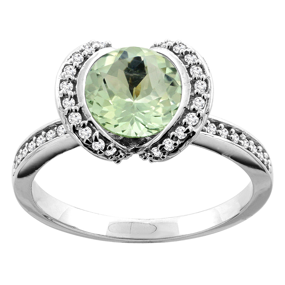 14K White/Yellow Gold Natural Green Amethyst Ring Round 7mm Diamond Accent, sizes 5 - 10