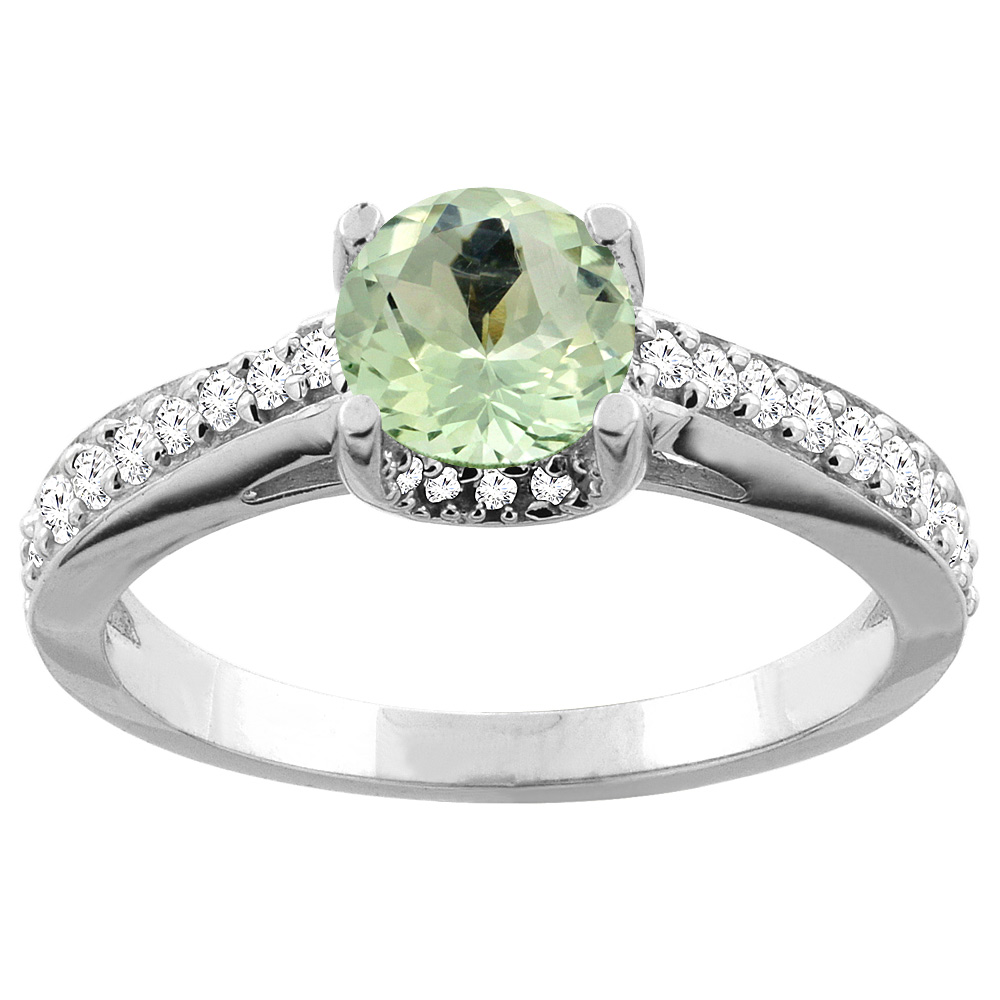 14K Yellow Gold Natural Green Amethyst Ring Round 6mm Diamond Accents 1/4 inch wide, sizes 5 - 10