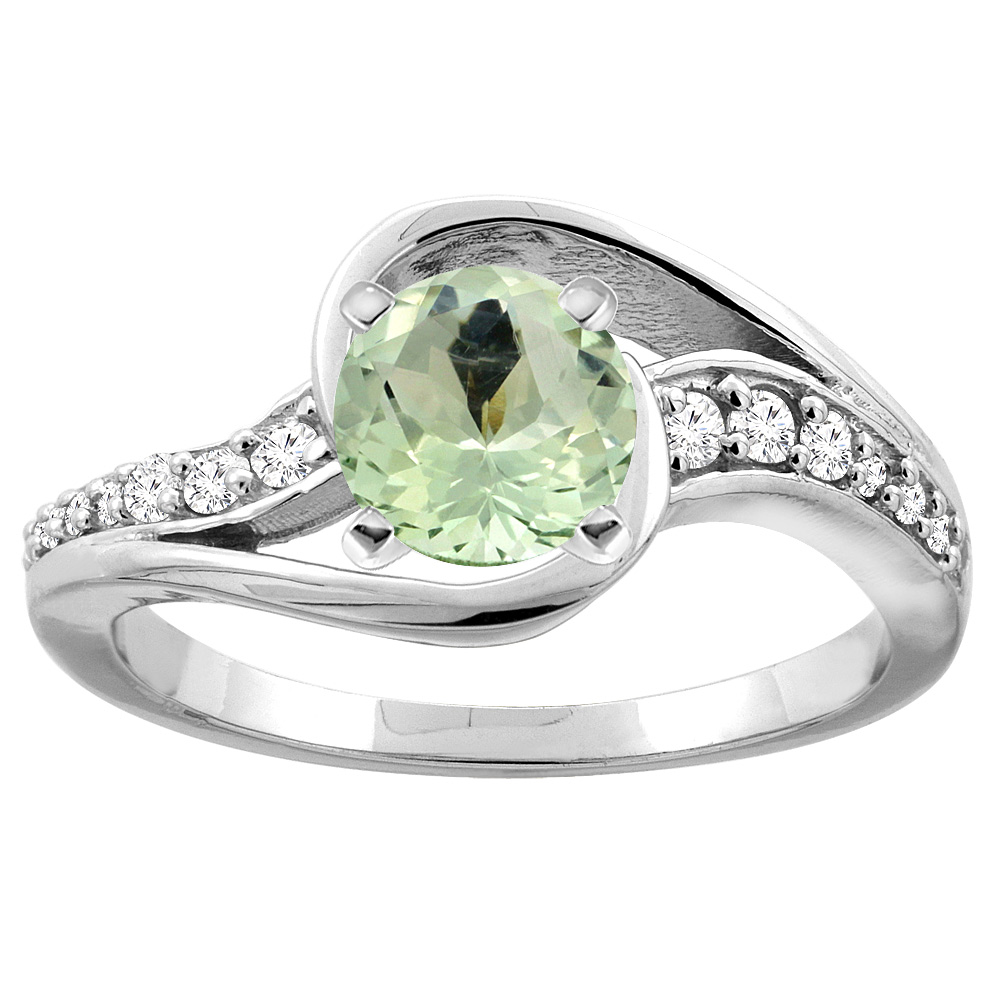 14K White/Yellow Gold Natural Green Amethyst Bypass Ring Round 6mm Diamond Accent, sizes 5 - 10