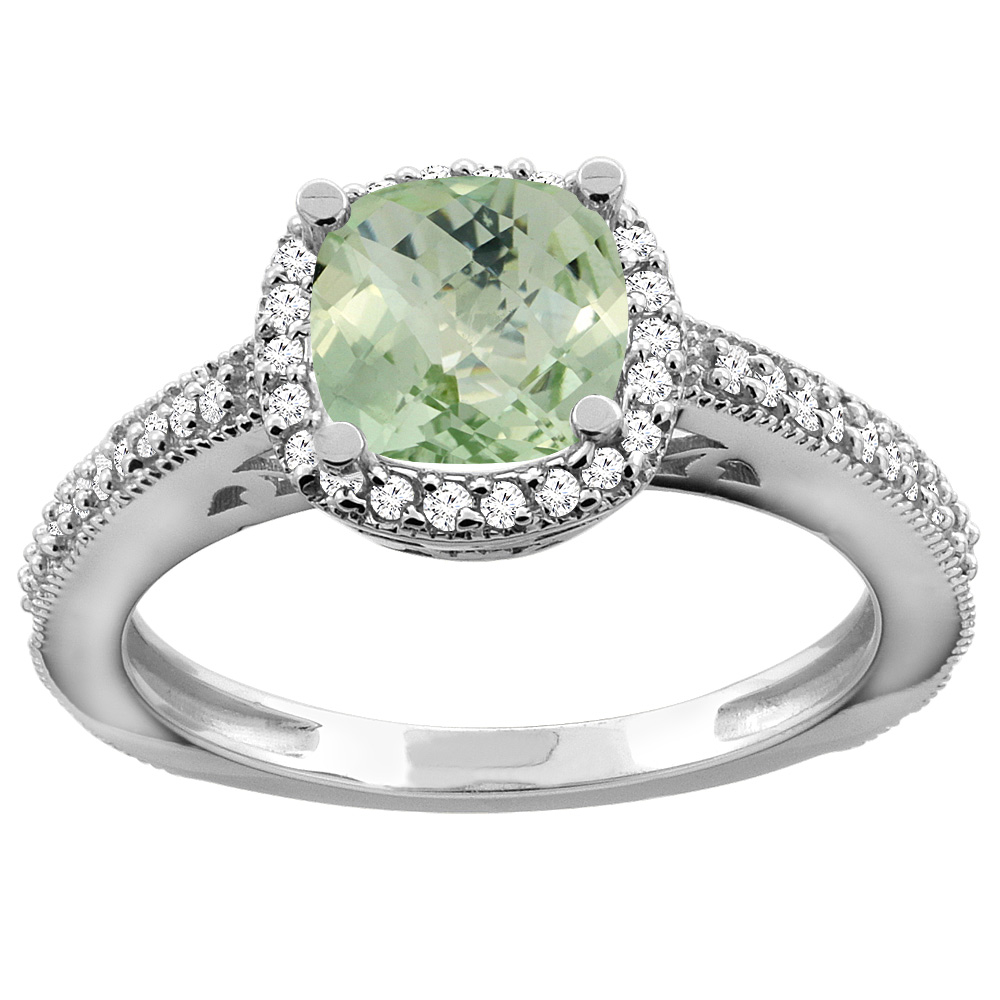 10K Gold Diamond Halo Genuine Green Amethyst Engagement Ring Cushion 7mm sizes 5 - 10