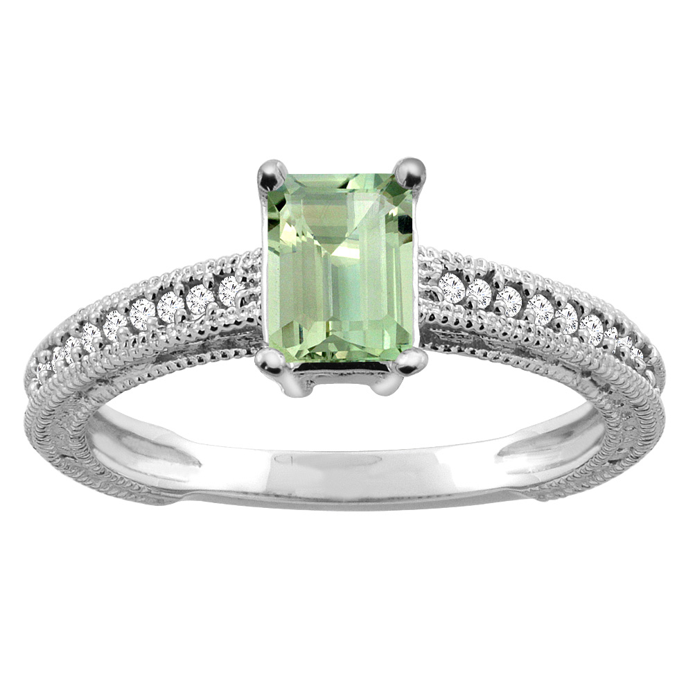 14K Gold Natural Green Amethyst Engagement Ring Octagon 8x6mm Diamond Accents, sizes 5 - 10