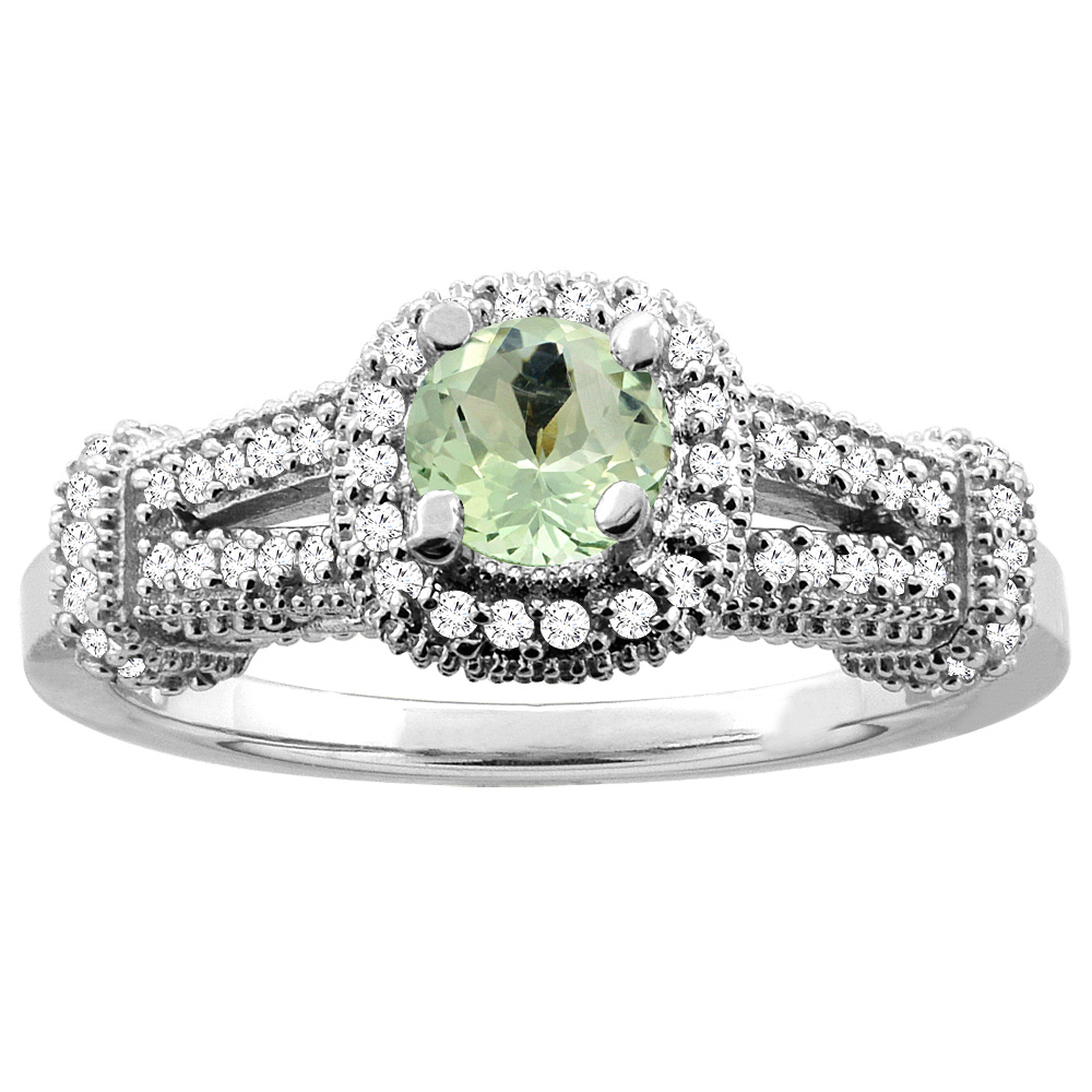14K White Gold Natural Green Amethyst Engagement Halo Ring Round 5mm Diamond Accents, sizes 5 - 10