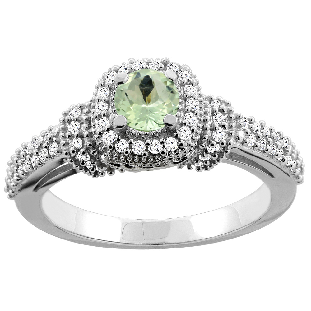 10K Gold Diamond Halo Genuine Green Amethyst Engagement Ring Round 5mm Accents sizes 5 - 10