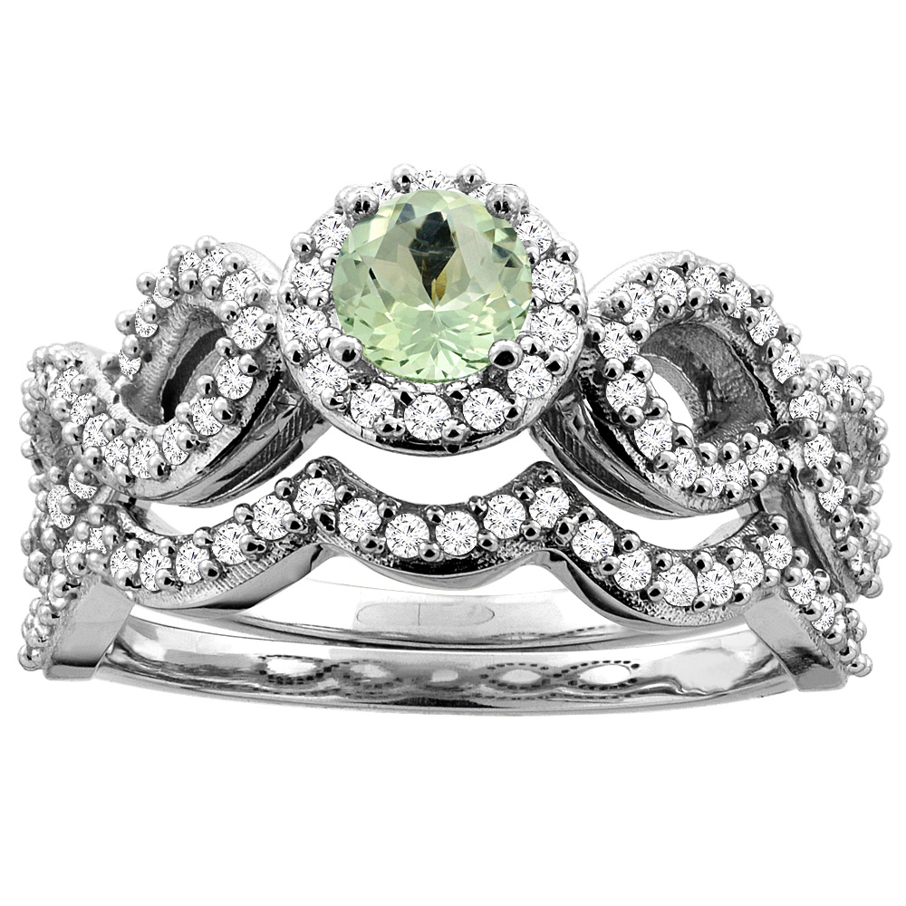 10K White Gold Diamond Halo Genuine Green Amethyst Engagement Ring Round 5mm 2-piece Accents sizes 5 - 10