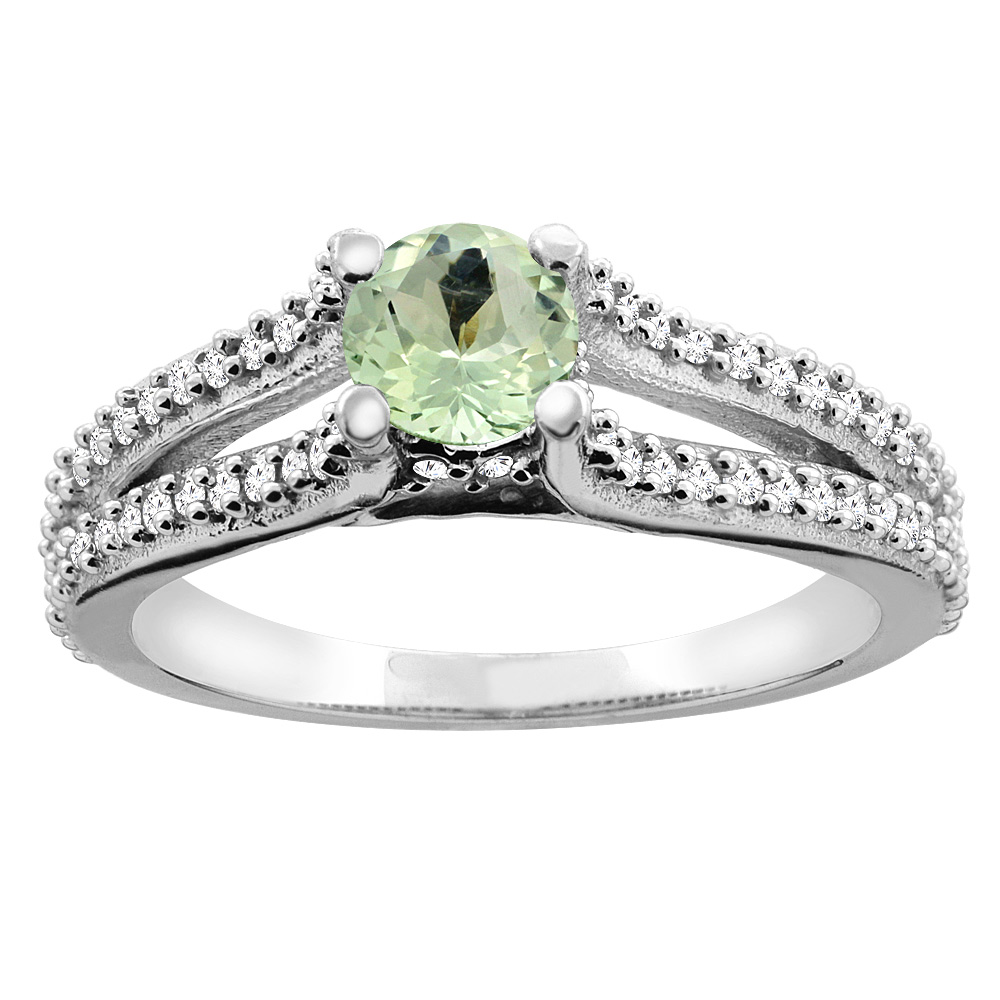 14K White Gold Natural Green Amethyst Engagement Split Shank Ring Round 5mm Diamond Accents, sizes 5 - 10
