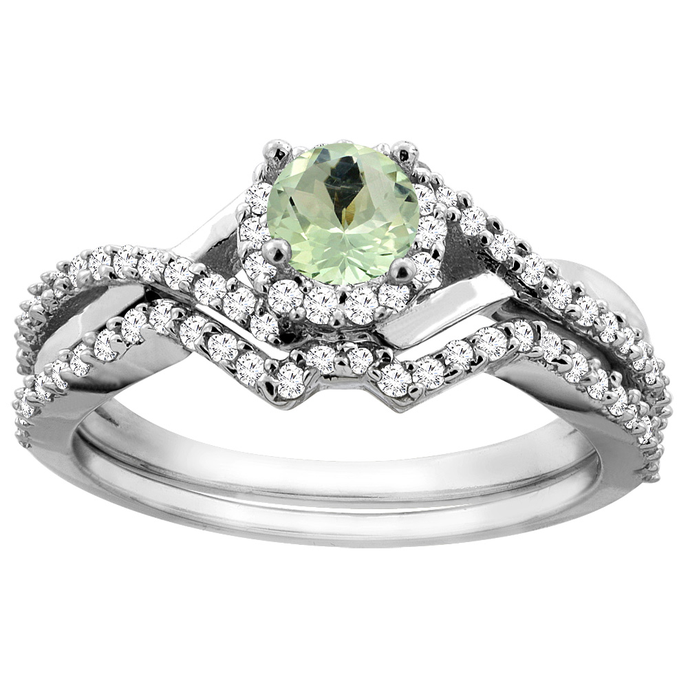 14K Gold Natural Green Amethyst 2-piece Bridal Ring Set Round 5mm, sizes 5 - 10