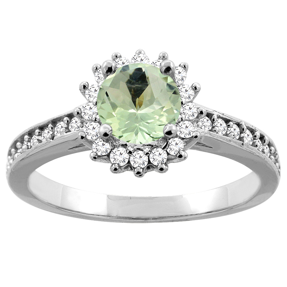 10K Gold Diamond Halo Genuine Green Amethyst Floral Engagement Ring Round 6mm sizes 5 - 10