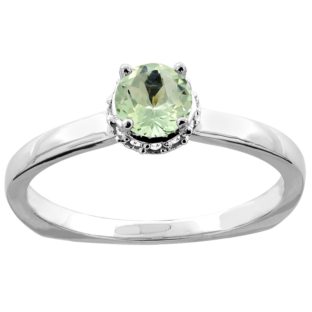 14K Gold Natural Green Amethyst Solitaire Engagement Ring Round 4mm Diamond Accents, sizes 5 - 10