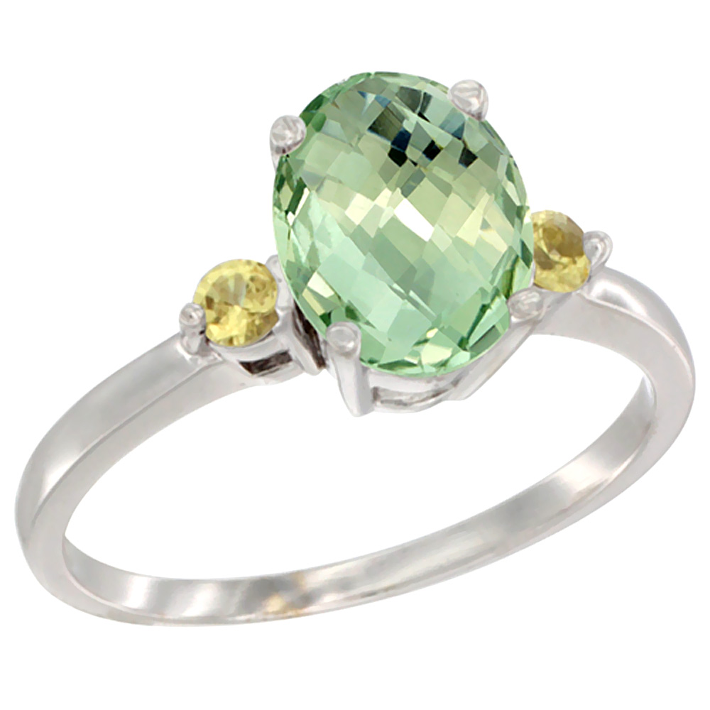 14K White Gold Natural Green Amethyst Ring Oval 9x7 mm Yellow Sapphire Accent, sizes 5 to 10